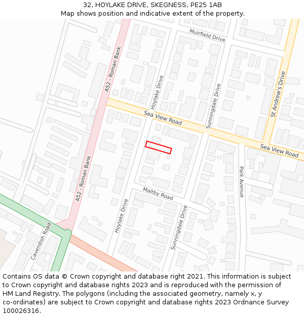 32, HOYLAKE DRIVE, SKEGNESS, PE25 1AB: Location map and indicative extent of plot