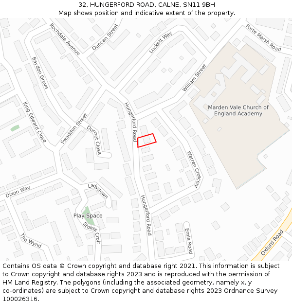 32, HUNGERFORD ROAD, CALNE, SN11 9BH: Location map and indicative extent of plot