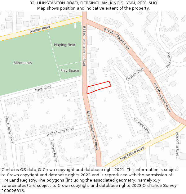32, HUNSTANTON ROAD, DERSINGHAM, KING'S LYNN, PE31 6HQ: Location map and indicative extent of plot