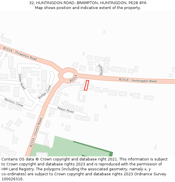 32, HUNTINGDON ROAD, BRAMPTON, HUNTINGDON, PE28 4PA: Location map and indicative extent of plot