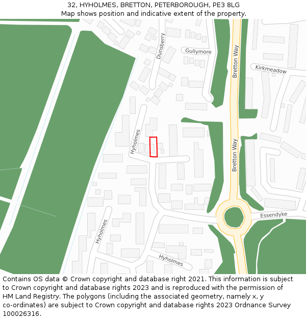 32, HYHOLMES, BRETTON, PETERBOROUGH, PE3 8LG: Location map and indicative extent of plot