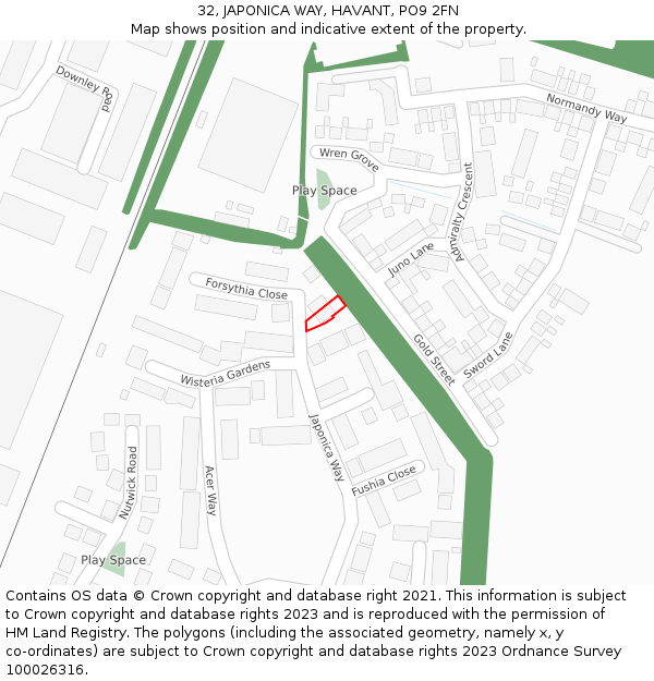 32, JAPONICA WAY, HAVANT, PO9 2FN: Location map and indicative extent of plot