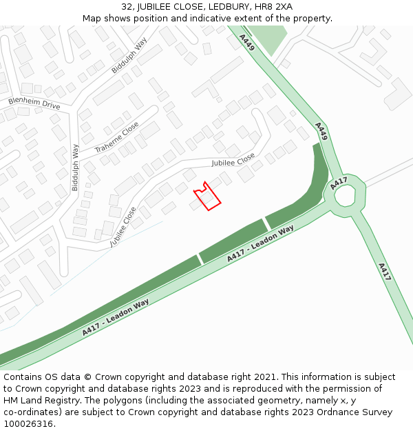 32, JUBILEE CLOSE, LEDBURY, HR8 2XA: Location map and indicative extent of plot