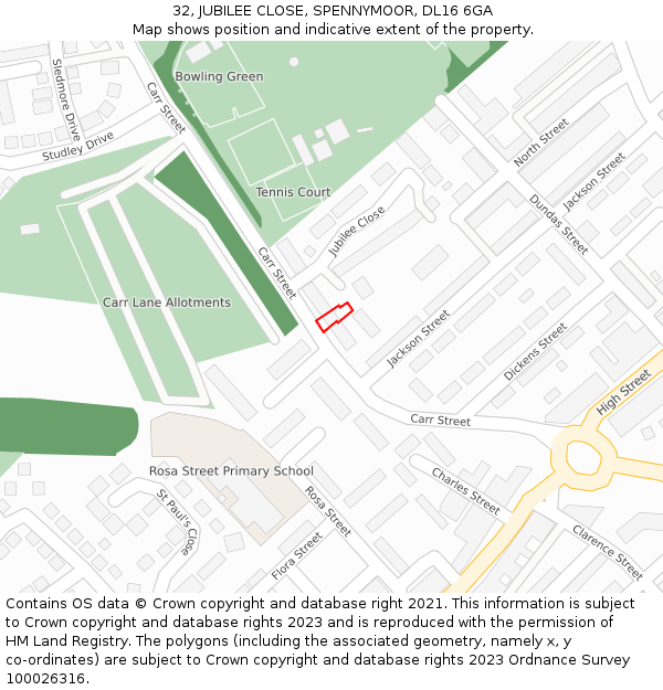32, JUBILEE CLOSE, SPENNYMOOR, DL16 6GA: Location map and indicative extent of plot