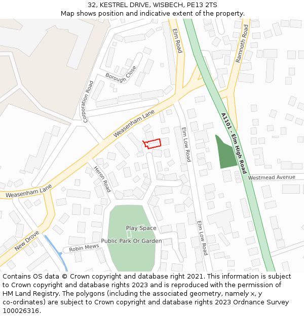 32, KESTREL DRIVE, WISBECH, PE13 2TS: Location map and indicative extent of plot