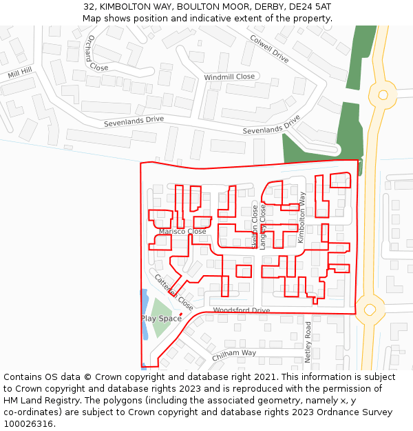 32, KIMBOLTON WAY, BOULTON MOOR, DERBY, DE24 5AT: Location map and indicative extent of plot