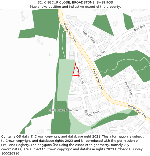 32, KINGCUP CLOSE, BROADSTONE, BH18 9GS: Location map and indicative extent of plot