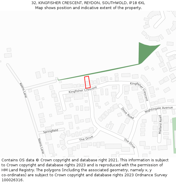 32, KINGFISHER CRESCENT, REYDON, SOUTHWOLD, IP18 6XL: Location map and indicative extent of plot