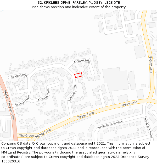 32, KIRKLEES DRIVE, FARSLEY, PUDSEY, LS28 5TE: Location map and indicative extent of plot