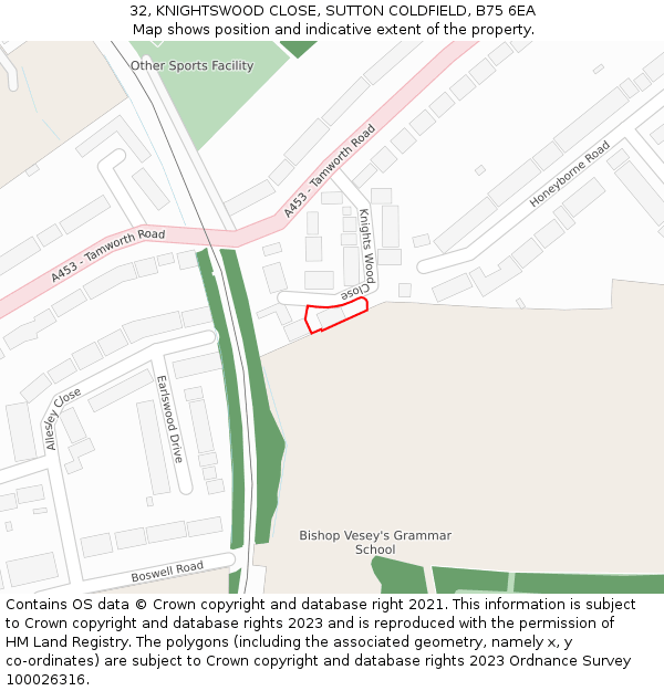 32, KNIGHTSWOOD CLOSE, SUTTON COLDFIELD, B75 6EA: Location map and indicative extent of plot