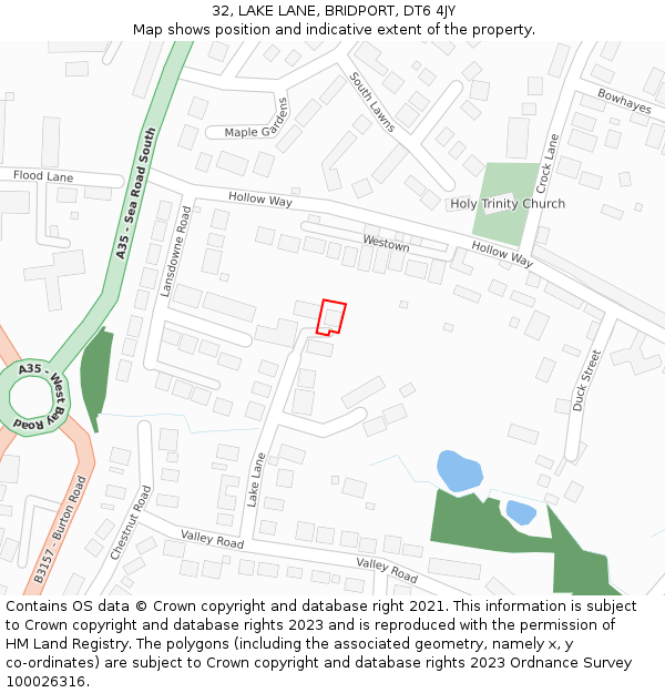 32, LAKE LANE, BRIDPORT, DT6 4JY: Location map and indicative extent of plot