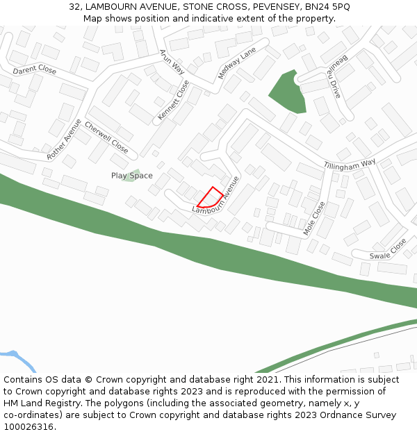 32, LAMBOURN AVENUE, STONE CROSS, PEVENSEY, BN24 5PQ: Location map and indicative extent of plot