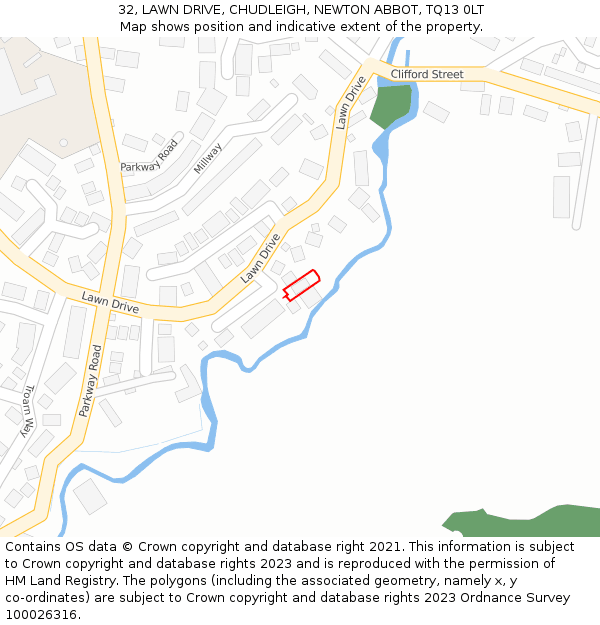 32, LAWN DRIVE, CHUDLEIGH, NEWTON ABBOT, TQ13 0LT: Location map and indicative extent of plot
