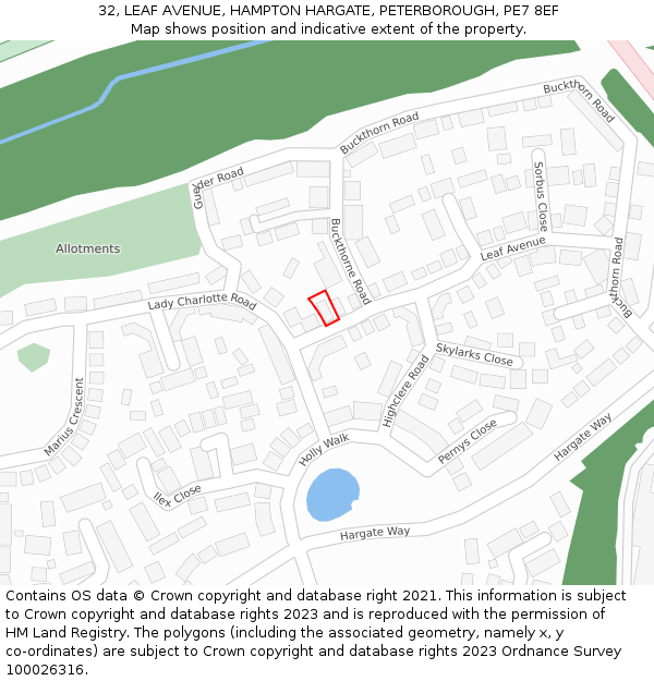 32, LEAF AVENUE, HAMPTON HARGATE, PETERBOROUGH, PE7 8EF: Location map and indicative extent of plot