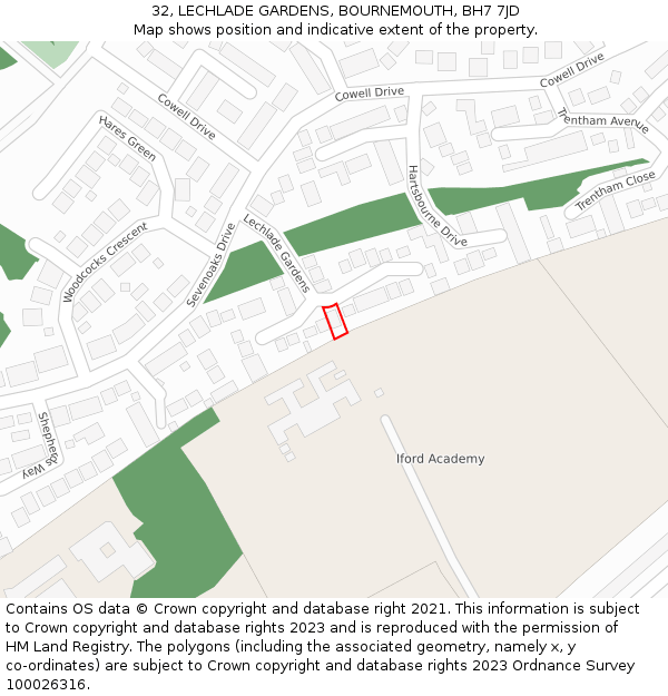 32, LECHLADE GARDENS, BOURNEMOUTH, BH7 7JD: Location map and indicative extent of plot
