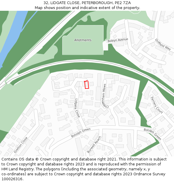 32, LIDGATE CLOSE, PETERBOROUGH, PE2 7ZA: Location map and indicative extent of plot