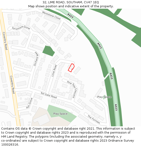 32, LIME ROAD, SOUTHAM, CV47 1EQ: Location map and indicative extent of plot