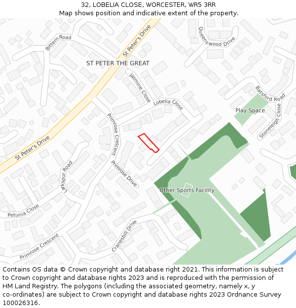32, LOBELIA CLOSE, WORCESTER, WR5 3RR: Location map and indicative extent of plot