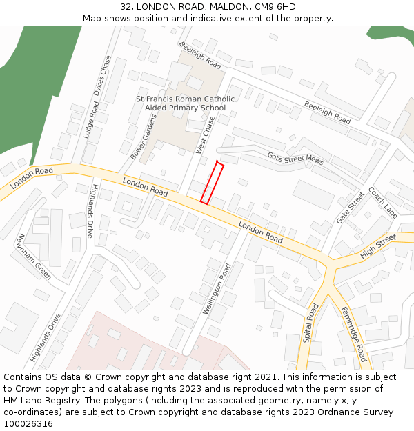 32, LONDON ROAD, MALDON, CM9 6HD: Location map and indicative extent of plot