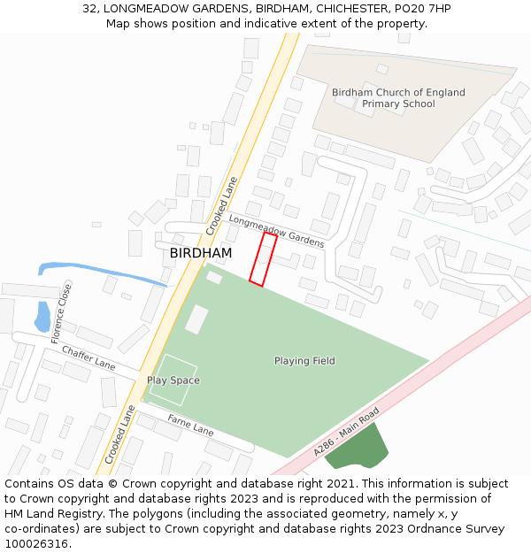 32, LONGMEADOW GARDENS, BIRDHAM, CHICHESTER, PO20 7HP: Location map and indicative extent of plot
