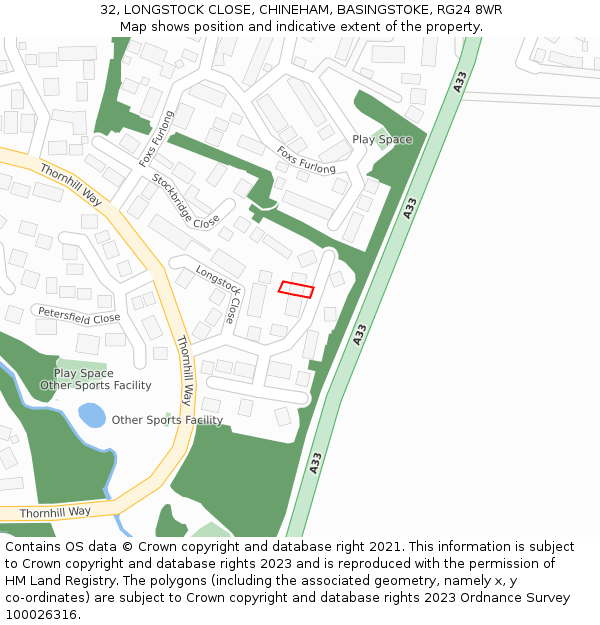 32, LONGSTOCK CLOSE, CHINEHAM, BASINGSTOKE, RG24 8WR: Location map and indicative extent of plot