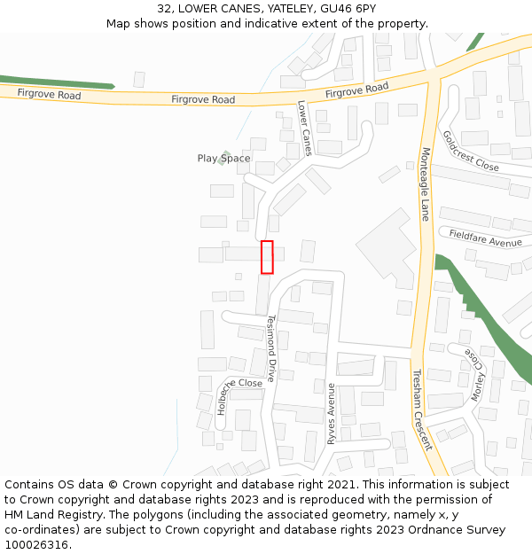 32, LOWER CANES, YATELEY, GU46 6PY: Location map and indicative extent of plot