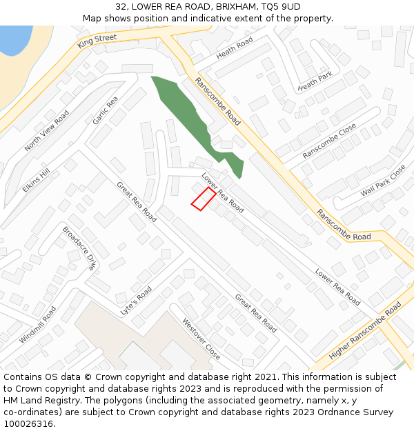 32, LOWER REA ROAD, BRIXHAM, TQ5 9UD: Location map and indicative extent of plot
