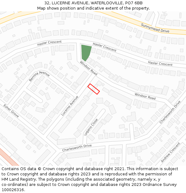 32, LUCERNE AVENUE, WATERLOOVILLE, PO7 6BB: Location map and indicative extent of plot