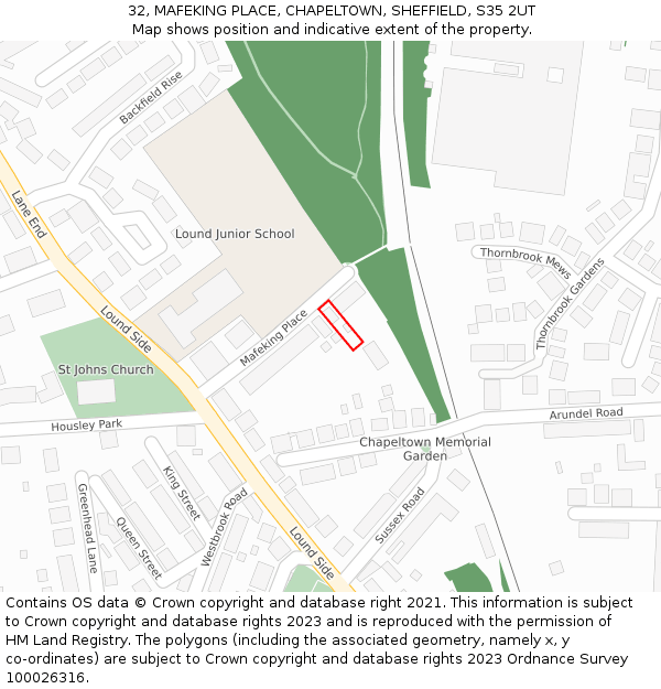 32, MAFEKING PLACE, CHAPELTOWN, SHEFFIELD, S35 2UT: Location map and indicative extent of plot
