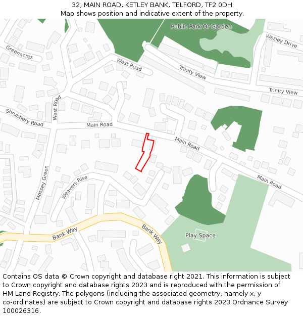 32, MAIN ROAD, KETLEY BANK, TELFORD, TF2 0DH: Location map and indicative extent of plot