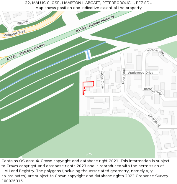 32, MALUS CLOSE, HAMPTON HARGATE, PETERBOROUGH, PE7 8DU: Location map and indicative extent of plot