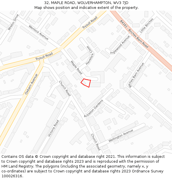 32, MAPLE ROAD, WOLVERHAMPTON, WV3 7JD: Location map and indicative extent of plot