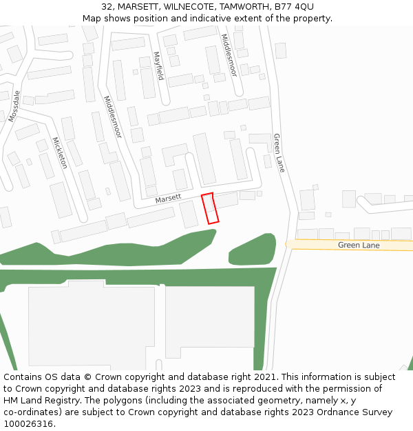 32, MARSETT, WILNECOTE, TAMWORTH, B77 4QU: Location map and indicative extent of plot