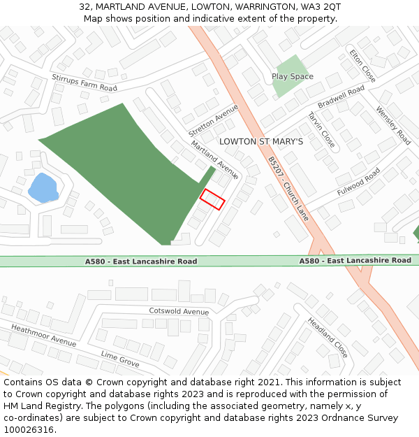 32, MARTLAND AVENUE, LOWTON, WARRINGTON, WA3 2QT: Location map and indicative extent of plot