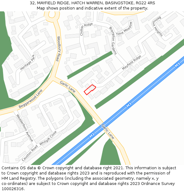 32, MAYFIELD RIDGE, HATCH WARREN, BASINGSTOKE, RG22 4RS: Location map and indicative extent of plot