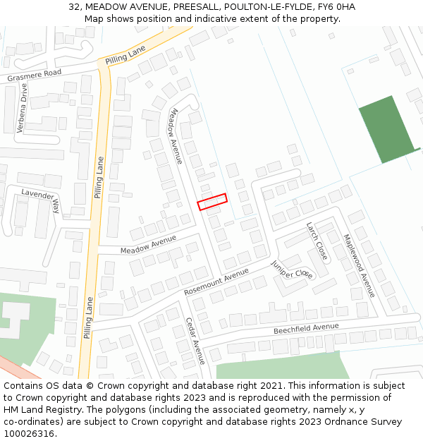 32, MEADOW AVENUE, PREESALL, POULTON-LE-FYLDE, FY6 0HA: Location map and indicative extent of plot