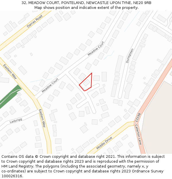 32, MEADOW COURT, PONTELAND, NEWCASTLE UPON TYNE, NE20 9RB: Location map and indicative extent of plot