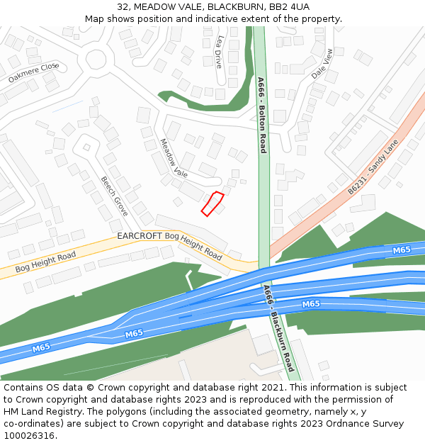 32, MEADOW VALE, BLACKBURN, BB2 4UA: Location map and indicative extent of plot