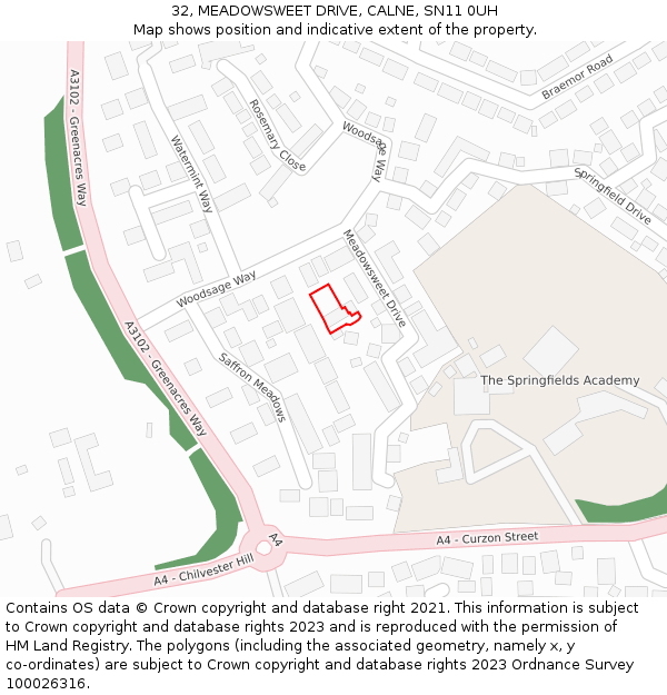 32, MEADOWSWEET DRIVE, CALNE, SN11 0UH: Location map and indicative extent of plot