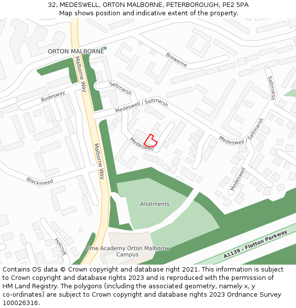 32, MEDESWELL, ORTON MALBORNE, PETERBOROUGH, PE2 5PA: Location map and indicative extent of plot