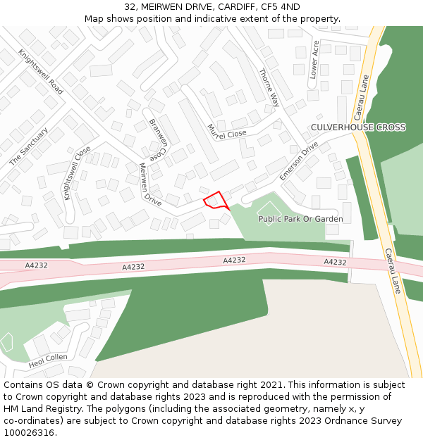 32, MEIRWEN DRIVE, CARDIFF, CF5 4ND: Location map and indicative extent of plot