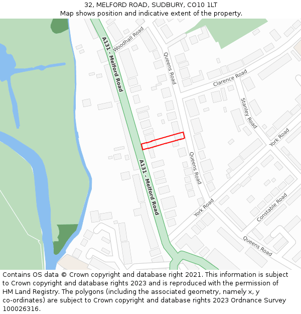 32, MELFORD ROAD, SUDBURY, CO10 1LT: Location map and indicative extent of plot