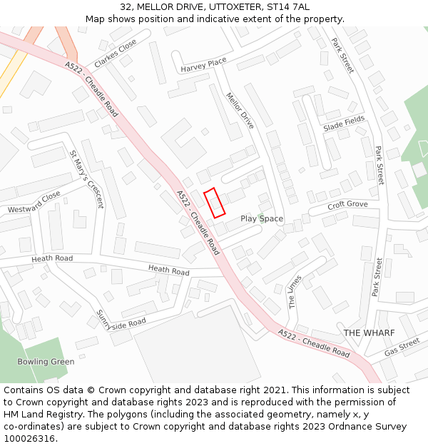 32, MELLOR DRIVE, UTTOXETER, ST14 7AL: Location map and indicative extent of plot