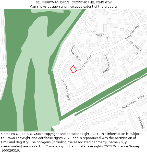 32, MERRYMAN DRIVE, CROWTHORNE, RG45 6TW: Location map and indicative extent of plot