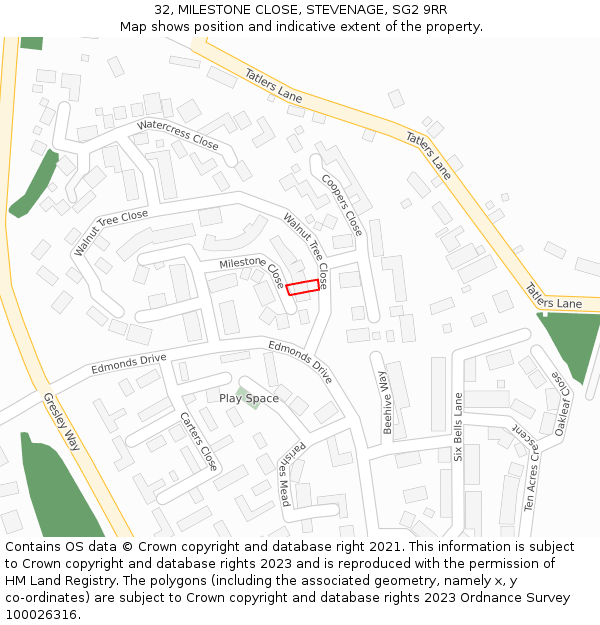 32, MILESTONE CLOSE, STEVENAGE, SG2 9RR: Location map and indicative extent of plot
