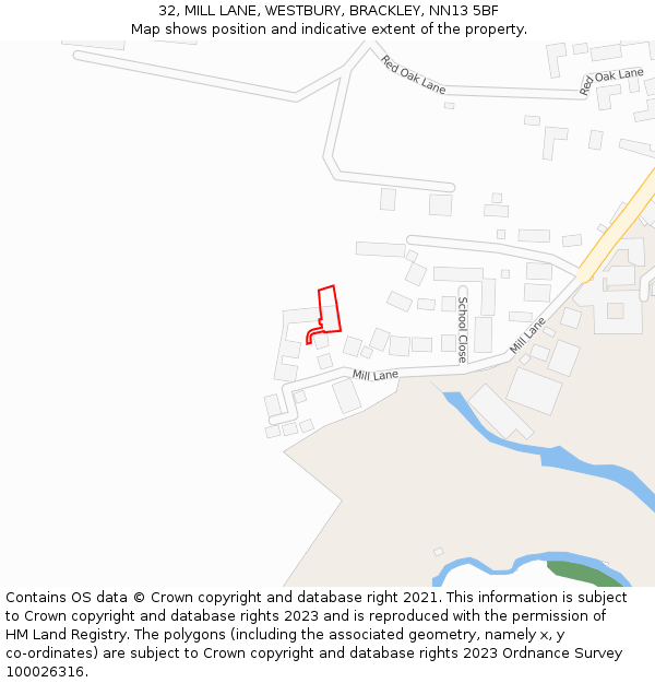32, MILL LANE, WESTBURY, BRACKLEY, NN13 5BF: Location map and indicative extent of plot