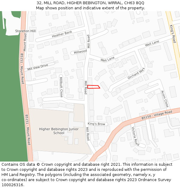 32, MILL ROAD, HIGHER BEBINGTON, WIRRAL, CH63 8QQ: Location map and indicative extent of plot