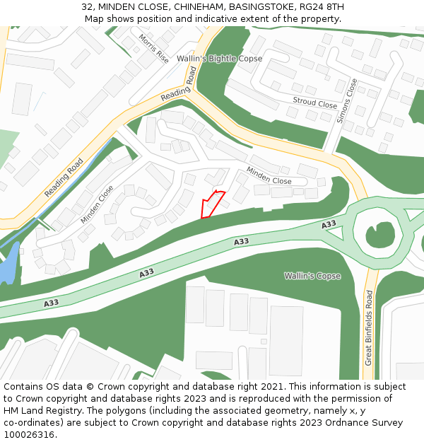 32, MINDEN CLOSE, CHINEHAM, BASINGSTOKE, RG24 8TH: Location map and indicative extent of plot