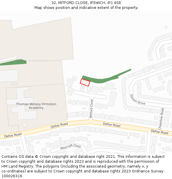 32, MITFORD CLOSE, IPSWICH, IP1 6SE: Location map and indicative extent of plot