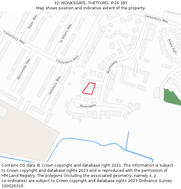 32, MONKSGATE, THETFORD, IP24 1BY: Location map and indicative extent of plot
